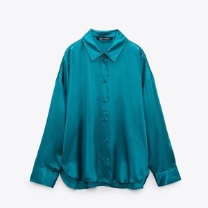 ZARA Teal Satin Blouse & Pant Set